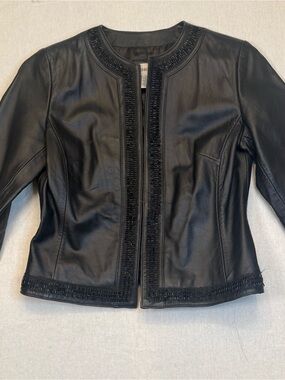 Chico's Black Leather Trim Collarless Jacket